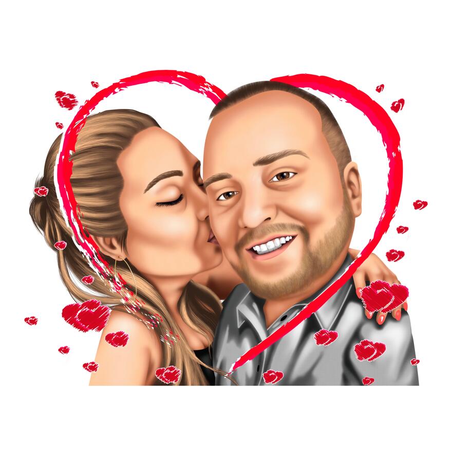 Kiss Me - Colored Couple Caricature with Hearts - Romantic Gift