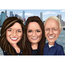 Caricatura di gruppo di tre persone in stile colorato con sfondo personalizzato