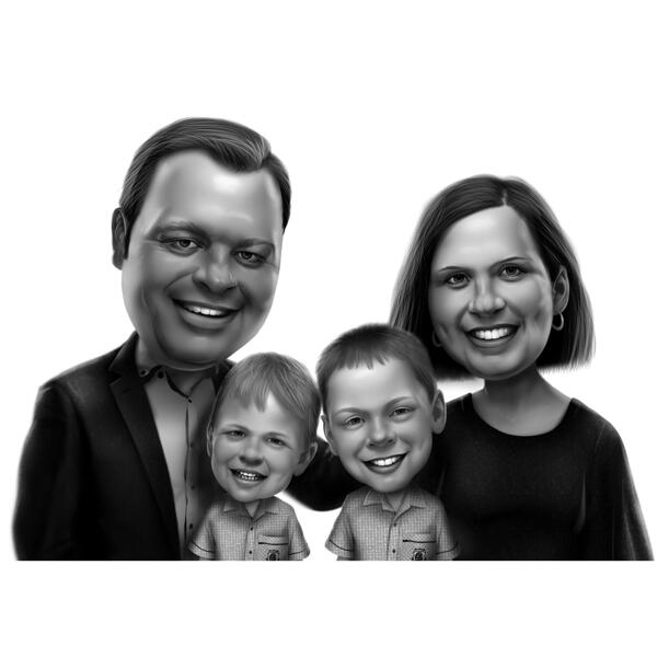 Föräldrar med två barn tecknade porträtt i svart och vit stil från foton