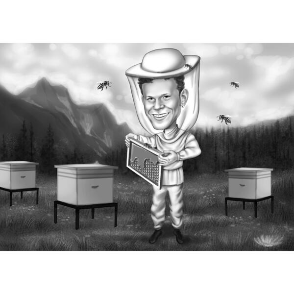 Regalo di caricatura dell'apicoltore in stile bianco e nero con sfondo personalizzato