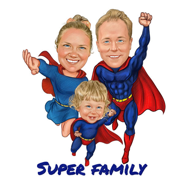 Superheldenfamilie karikatuur in potloodstijl