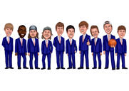 Caricatura de cuerpo entero de un grupo de padrinos de boda