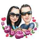 Förlovningskarikatyr med blomdekorationer för jubileumspresent
