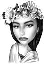 Lady Hand Drawn Original Caricature Artwork in Black and White Romantic Style