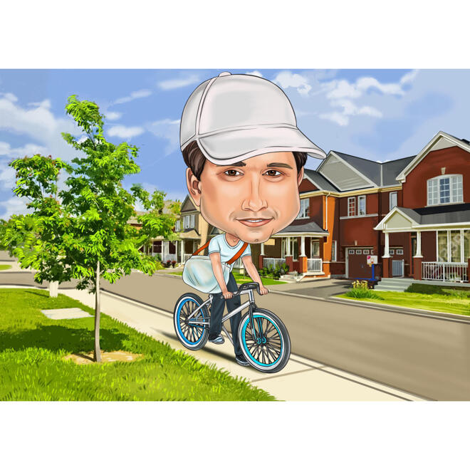 High Exaggerated Color Style Bike Rider Cartoon Caricature Drawing with  Custom Background