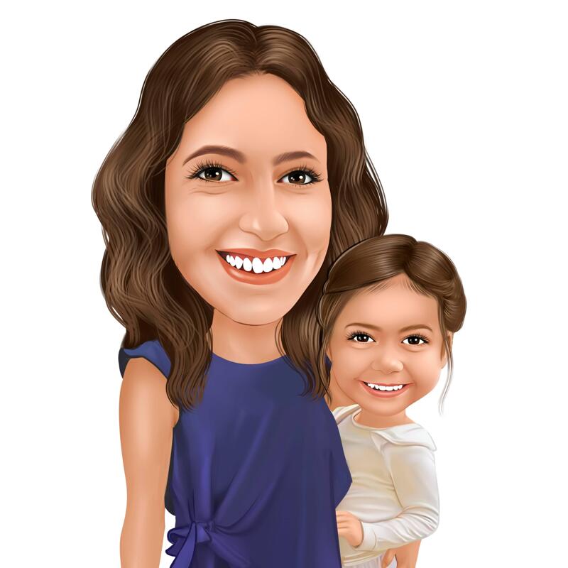 Mother with Daughter Cartoon Portrait in Color Style from Photos