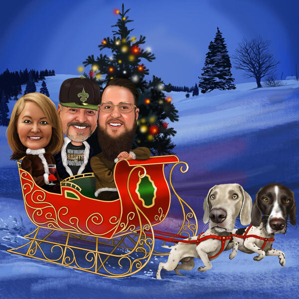 Kerstkarikatuur van de sleefamilie van de Kerstman met honden