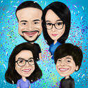 Pārspīlēts karikatūras stila ģimenes portrets krāsainā krāsā ar vienkāršu fonu
