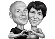 Caricatura de pareja mostrando la mano y el corazón en estilo blanco y negro