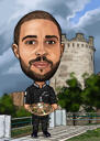 Hand Drawn Person Caricature from Photo with Gothic Architecture Background
