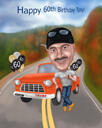 Tecknad teckning i färgad stil - Person med bil Personlig registreringsskylt karikatyr