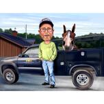 Maatilaviljelijän karikatyyri kuorma-auton taustalla valokuvista