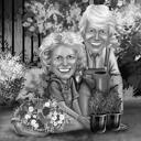 Caricatura di coppia esagerata a figura intera in bianco e nero