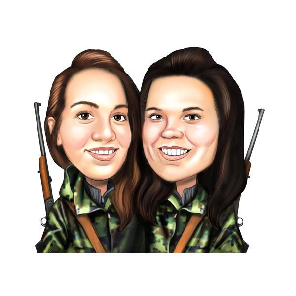Two Persons Hunter Lovers Cartoon Caricature in Color Digital Style