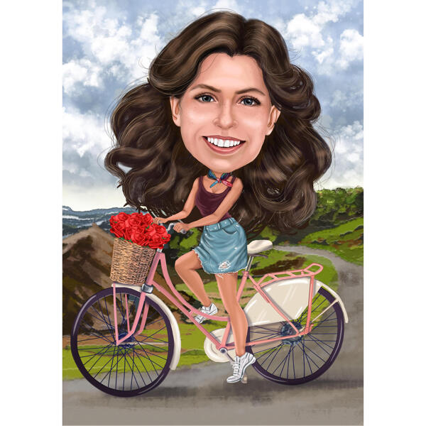 Karikatuur van een vrouw op een fiets met een aangepaste achtergrond
