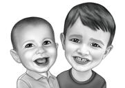 Portrait de dessin animé de 2 frères en noir et blanc