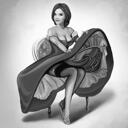 Custom Pin Up Cartoon Portrait Drawing in Black and White Style