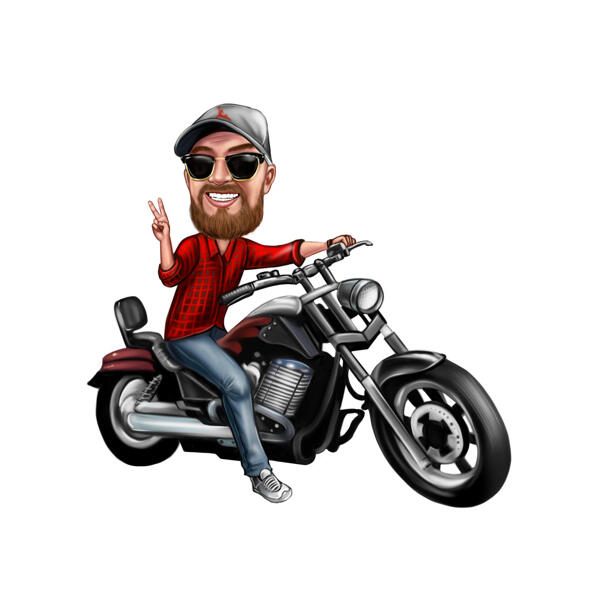 Motorcykelförare tecknad karikatyr i färgad stil från foto