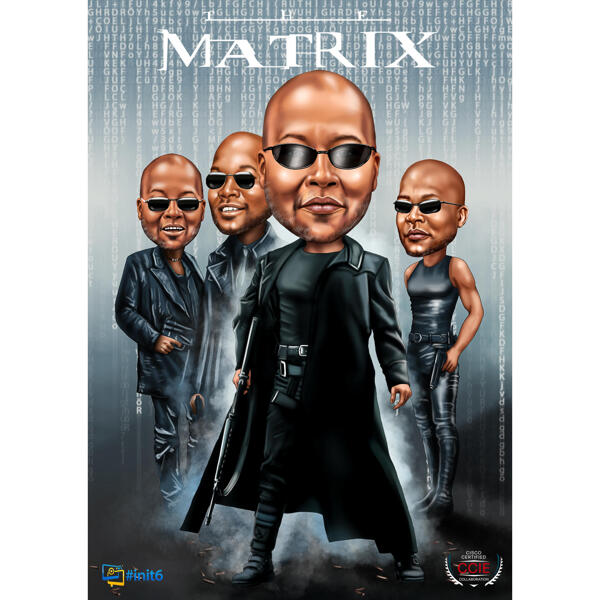 Farbige Ganzkörperkarikatur von Fotos mit benutzerdefiniertem Hintergrund für Matrix-Fans