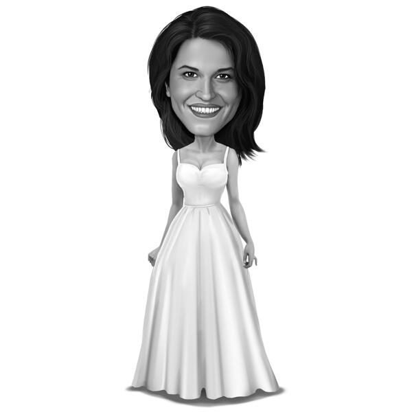 Карикатура женщины в длинном платье, рисунок в черно-белом стиле с фотографии