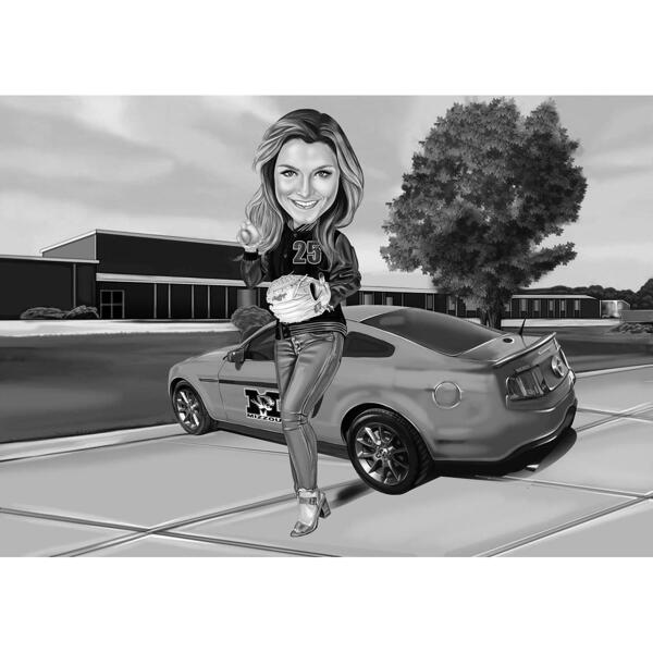 Caricatură alb-negru a unei persoane cu fundal de mașină