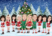 Grup de personal corporativ cu felicitări digitale cu caricatură de brad de Crăciun în stil color din fotografii