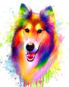 Kid-Friendly Collie Dog Cartoon Portrait in Watercolor Style with Splashes Background
