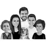 Ģimene ar mājdzīvnieku, karikatūras portrets melnbaltā stilā