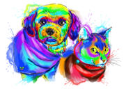 Två blandade husdjur tecknade porträtt i akvarell stil från foto