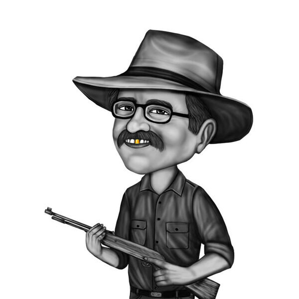 Caricatura de cazador en blanco y negro - Regalo de caza personalizado