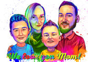 Cadeau de fête des mères à l'aquarelle - Caricature de famille