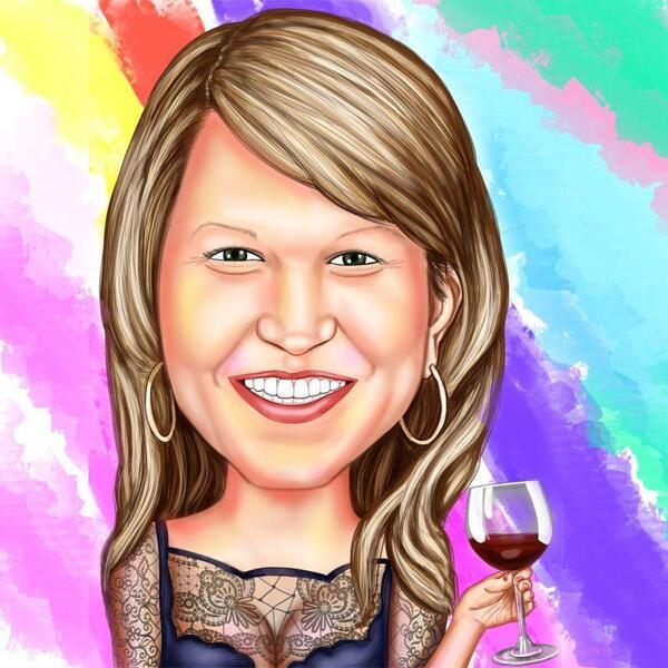 Zakázková barevná karikatura se sklenkou na víno