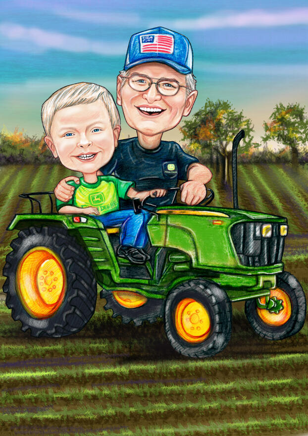 Custom Farmers Garden Couple on a Tractor Cartoon Drawing from Photos in  Color Style