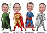 Caricature de groupe de garçons de super-héros dans un style de couleur de corps complet sur fond personnalisé