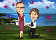 Caricatura de compromiso de pareja llena de alegría sobre fondo personalizado de fotos