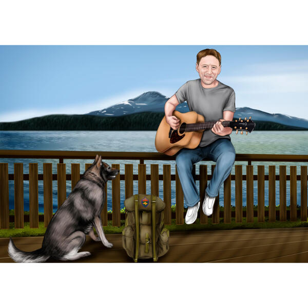 Sólo muž s kytarou a pes kreslený portrét s letním pozadím