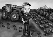 Karikatura muže s traktorem v černé a bílé