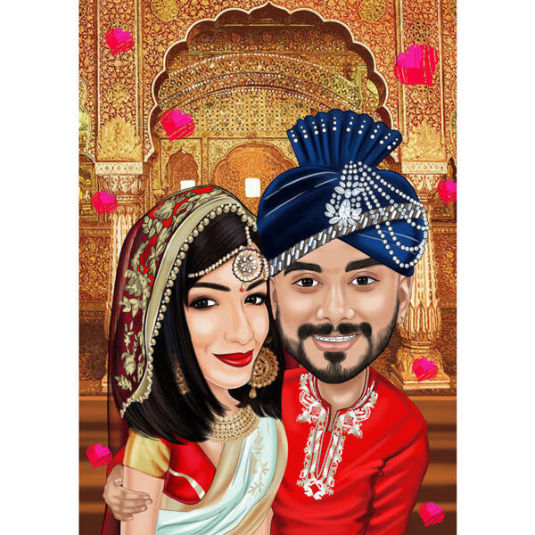 Indisches Bollywood-Paar zeichnet Karikatur von Fotos mit benutzerdefiniertem Hintergrund