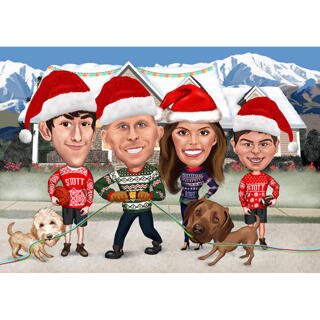 Christmas Family Caricature with Pets in Santa's Hats