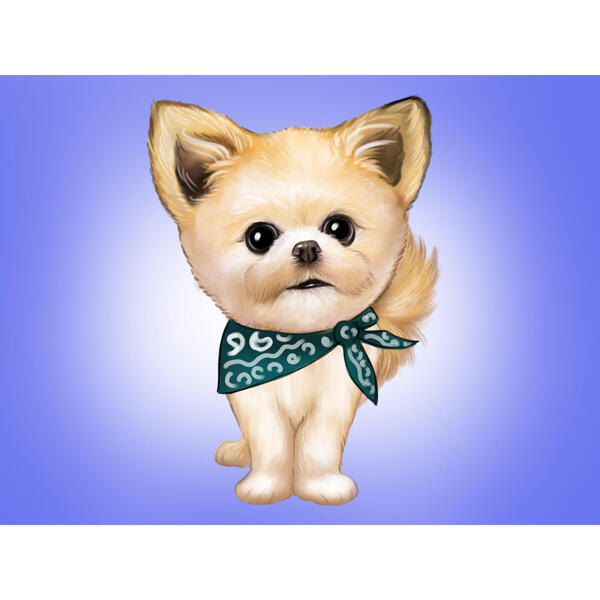 Karikatura pomeranianského psa velikosti hračky z fotografie s barevným pozadím pro milovníky špiců dárek