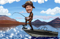 Fisherman on Boat Caricature Drawing