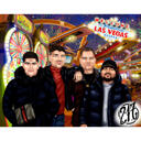 Groepsvrienden Karikatuurtekening in kleurstijl van foto's met Las Vegas-achtergrond