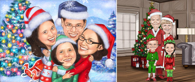 Vánoční karikatura 4členná rodina