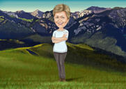 Retrato de caricatura de persona de cabeza y hombros en estilo de color con fondo de montaña