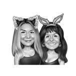 Sisters Caricature in Black and White Style