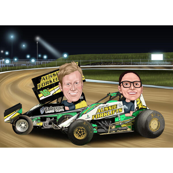 Couple Race Car Caricature in Colored Style with Custom Background