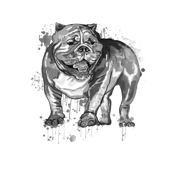 Ritratto artistico di caricatura di Bulldog a corpo intero dipinto in stile acquerello bianco e nero