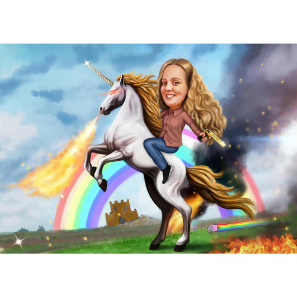Цветная мультяшная карикатура "Девушка верхом на лошади" с нестандартным фоном
