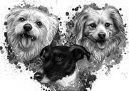 Карикатура на собаку на заказ - акварельный портрет смешанной породы собак в черно-белом стиле