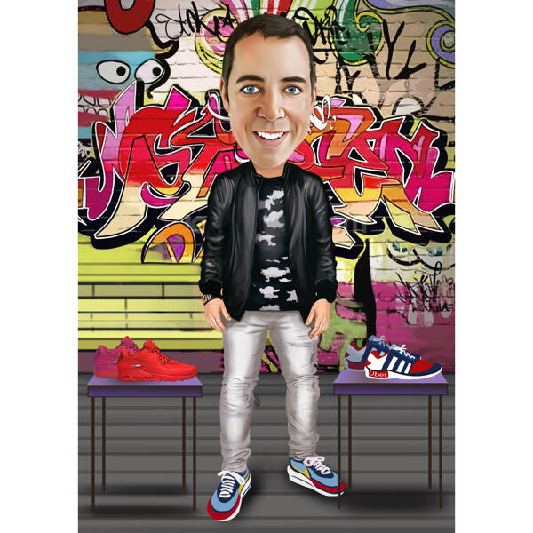 Caricature of Person in Full Body Colored Style with Custom Graffiti Background